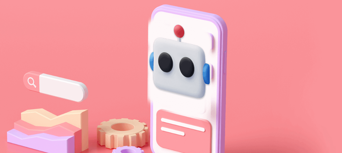 Ein Handy, Roboter, Analysesymbole auf einem rosanem Hintergrund